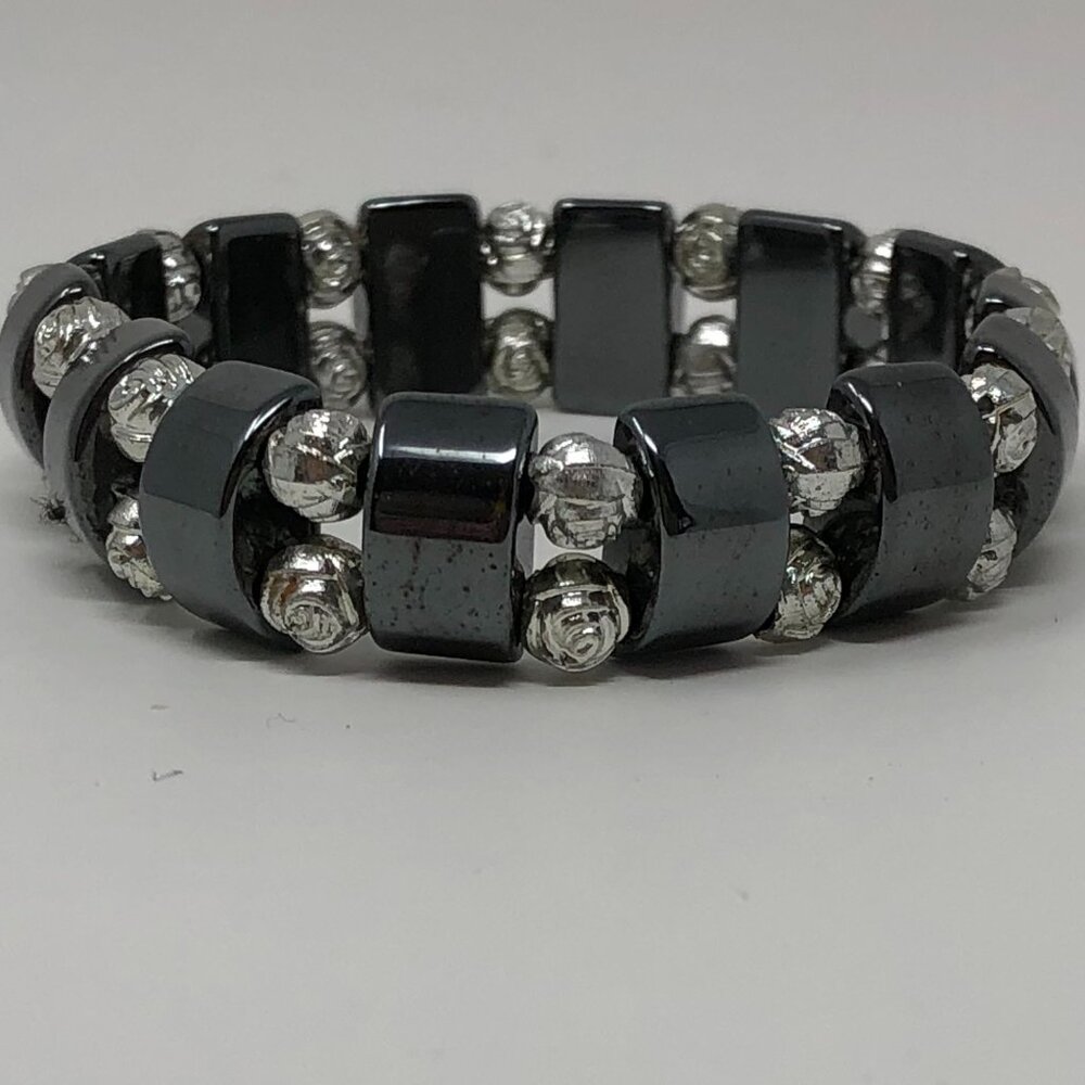 White House Black Market hematite and silvertone flower bead bracelet